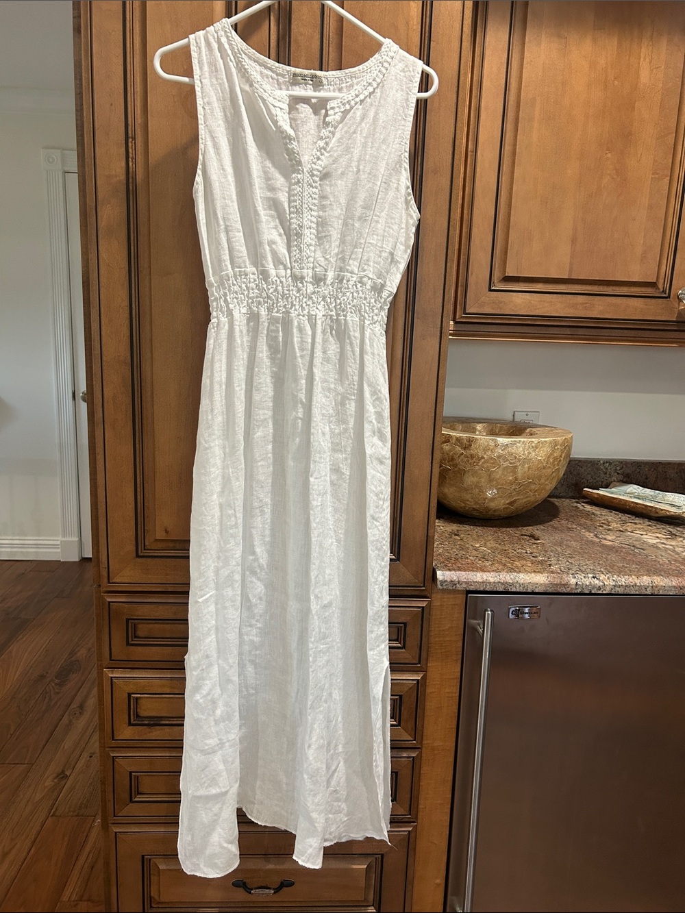 Linen Sleeveless White Maxi Dress with Smocked Waist